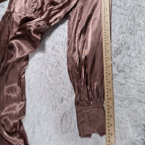 H&M Viscose Long Sleeve Faux Wrap Pale Pink Satin Midi Dress Size Small - Picture 7 of 12